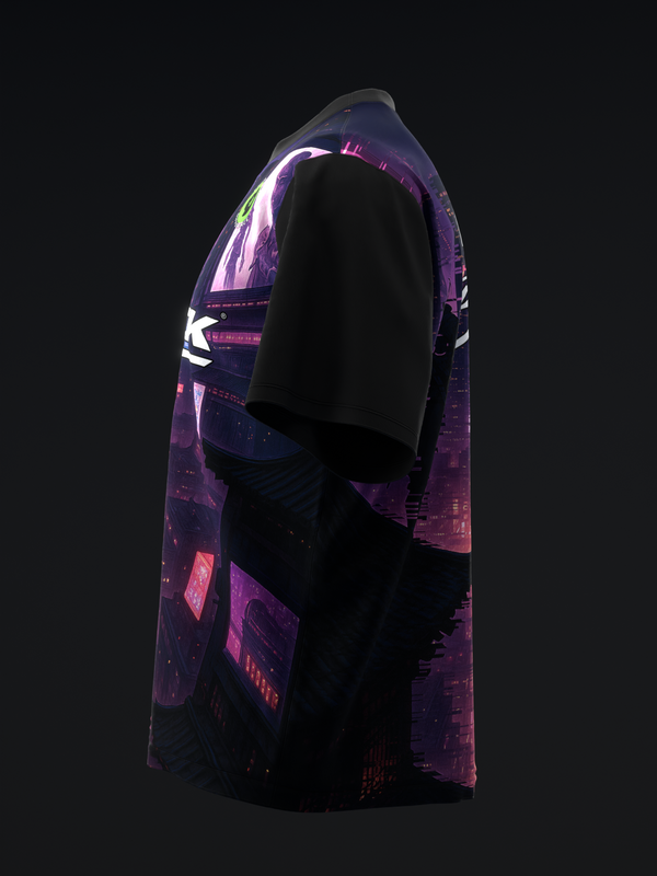 Purple and black bowling jersey with neon glowing metro graphic design, side view