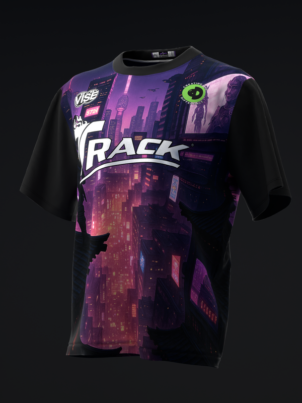 Black bowling jersey with purple neon cityscape graphic and TRACK text