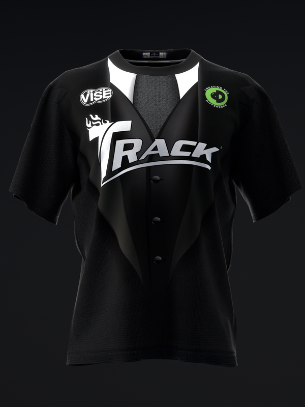 Black bowling jersey front view with white Track logo and Vise branding