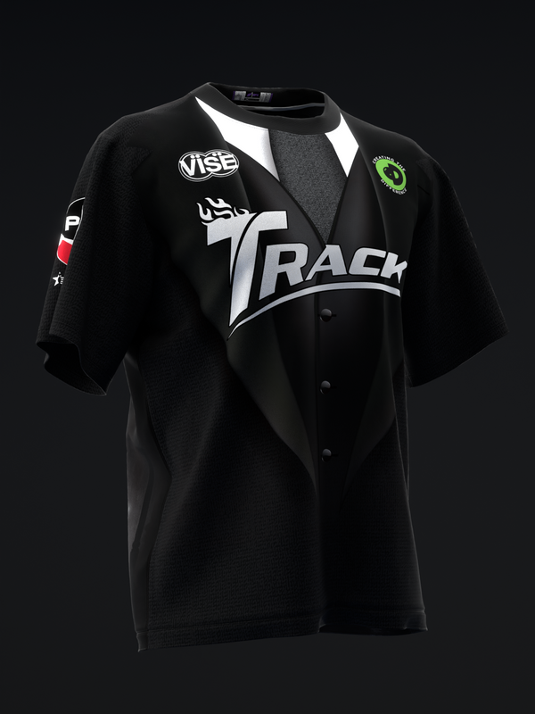 Black bowling jersey with white tuxedo graphic and Track logo design