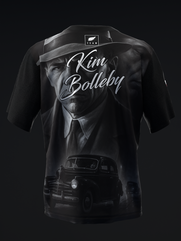 Black bowling jersey with vintage noir portrait and classic car graphic design