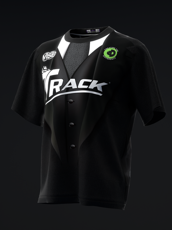 Black bowling jersey with white tuxedo design and Track logo front view