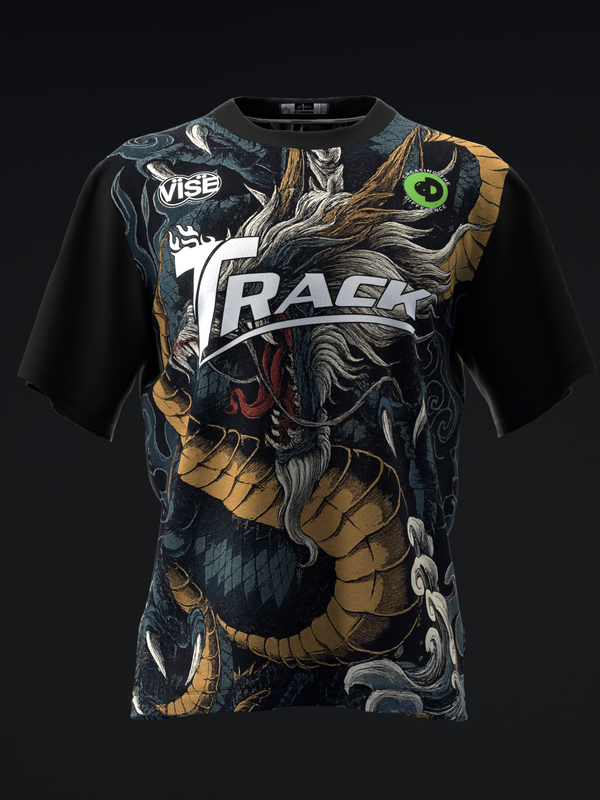 Black bowling jersey front view with dragon graphic in gold and blue tones