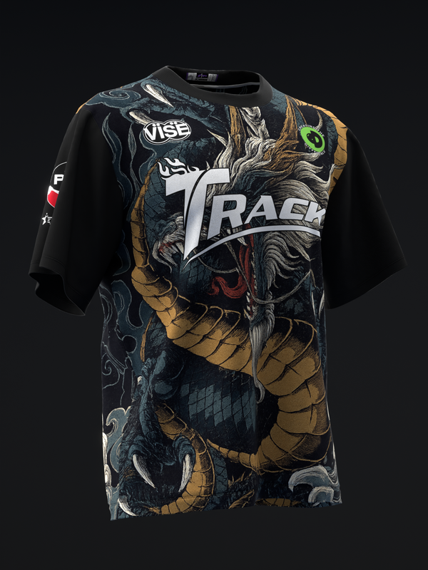 Black bowling jersey with gold and gray dragon graphic design front view