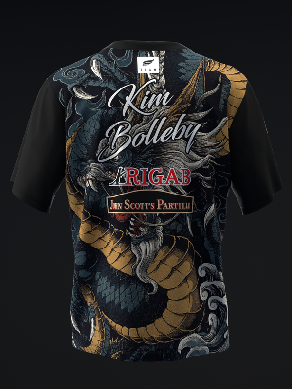 Black bowling jersey with ornate dragon graphic in teal and gold, front view