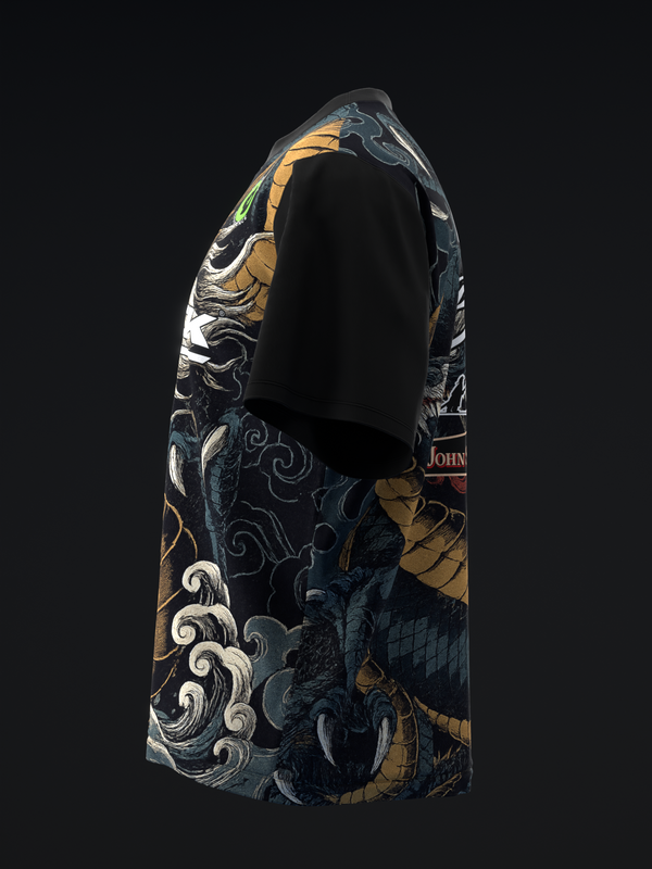 Black bowling jersey with gold and white dragon graphic design, side view