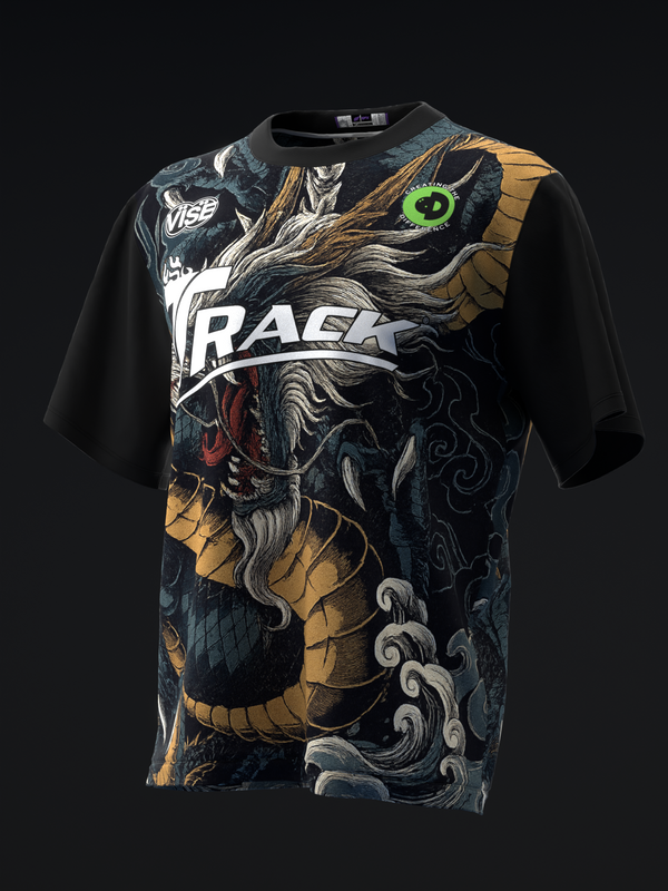 Black bowling jersey with dragon graphic, gold scales, and white RAGE text