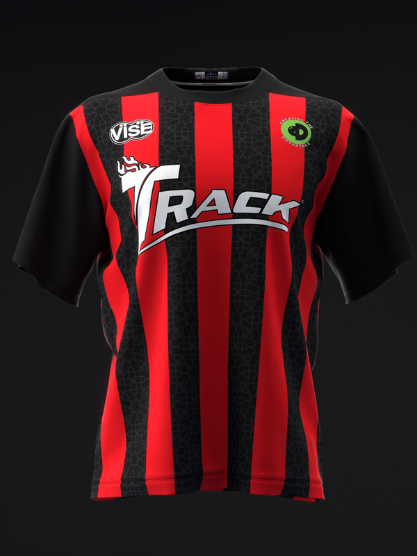 Black and red striped bowling jersey with Vise and Track logos on front