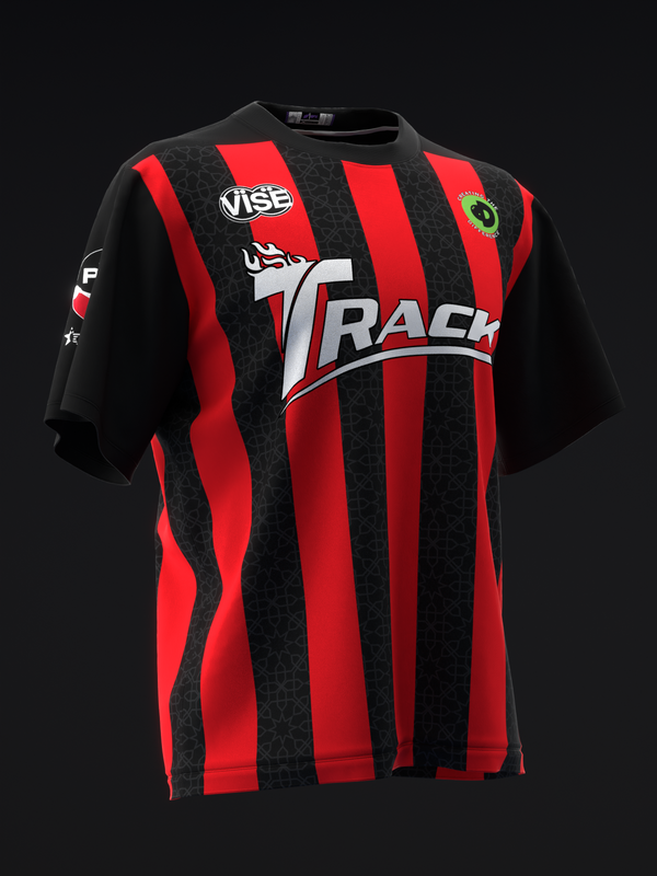 Red and black vertical striped bowling jersey with Track logo on front