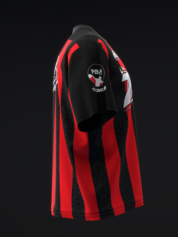 Black and red vertical striped bowling jersey with white accents and PBA logo