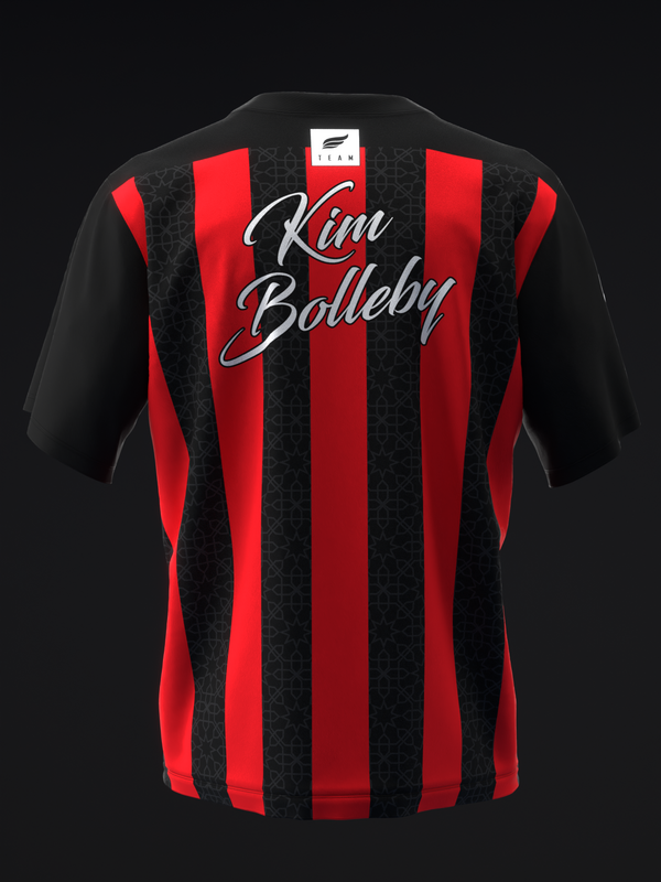 Black and red striped bowling jersey with Kim Bolleby script text