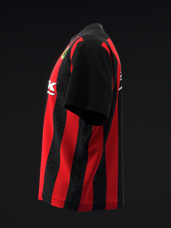Black and red vertical striped bowling jersey with white logo detail