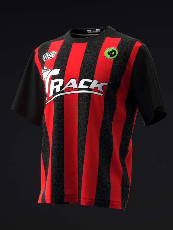 Black and red striped bowling jersey with white graphic logo on front