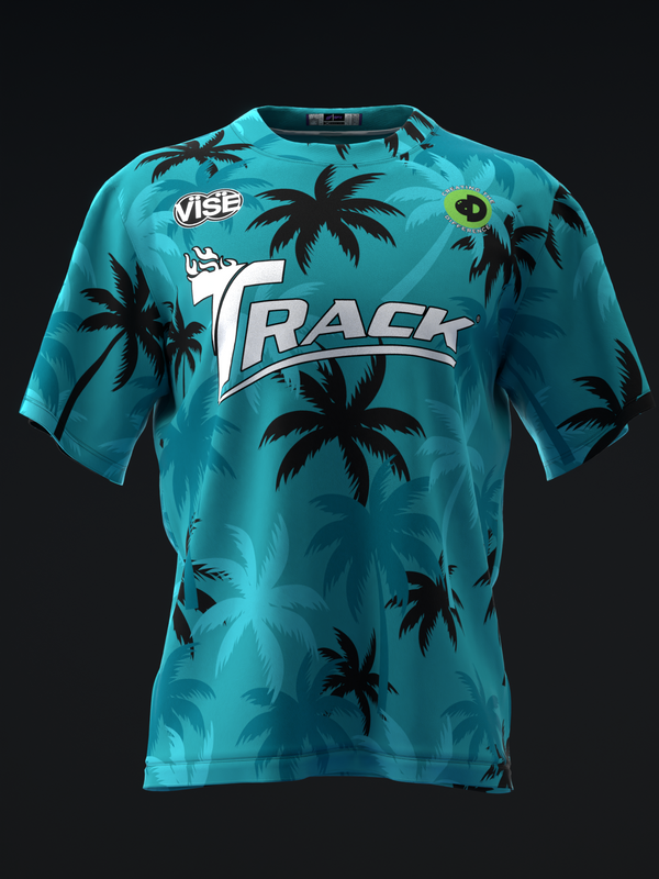 Turquoise bowling jersey with black palm tree pattern and Track logo