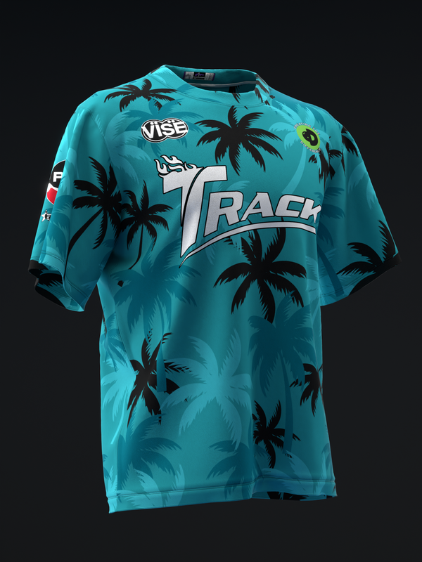 Turquoise bowling jersey with black palm tree pattern and Track logo