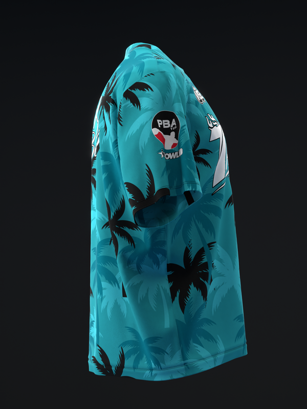 Turquoise bowling jersey with black palm tree pattern and PBA logo
