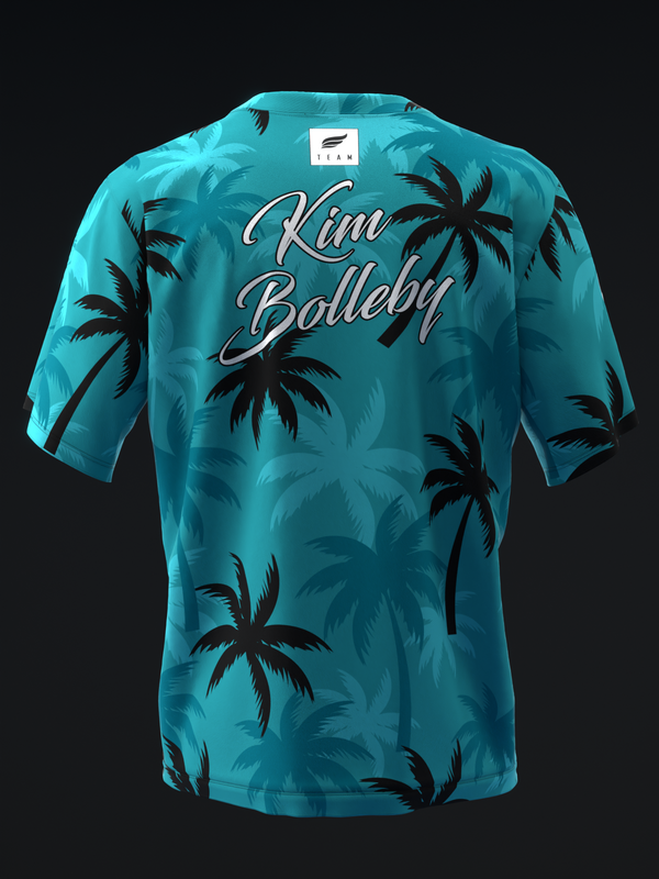 Turquoise bowling jersey with black palm tree pattern and script text back view