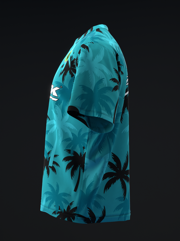 Turquoise bowling jersey with black palm tree pattern and white logo detail