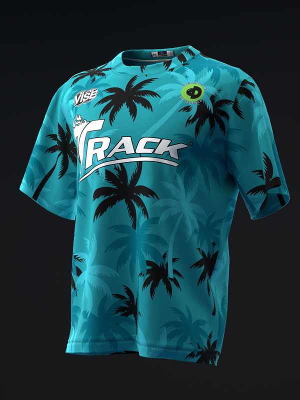 Turquoise bowling jersey with black palm tree pattern and white TRACK logo