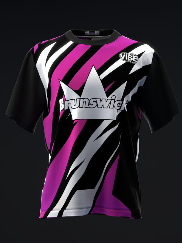 Black bowling jersey with magenta, white, and gray diagonal striped design and crown logo