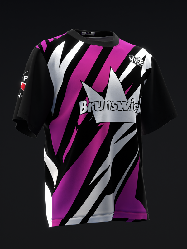 Black bowling jersey with magenta, white, and gray diagonal arrow stripes and Brunswick logo