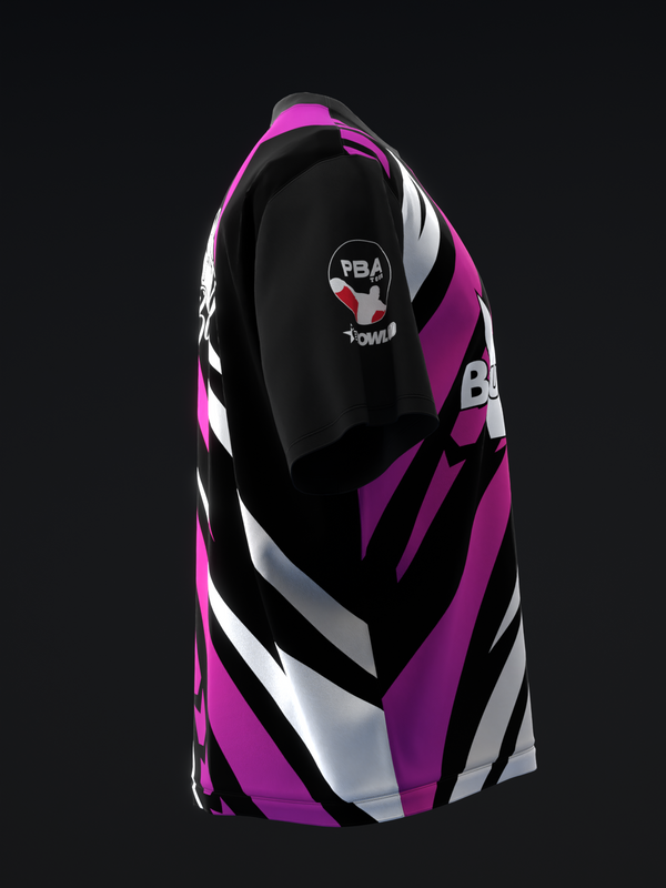 Black bowling jersey with magenta, white, and gray diagonal striped pattern, front view