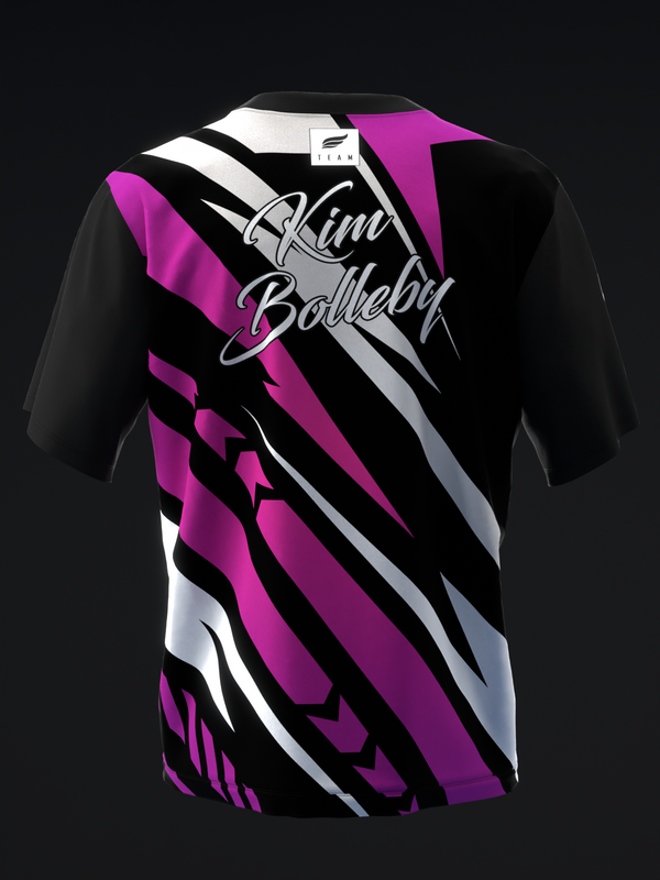 Black bowling jersey with magenta, white, and gray diagonal stripe and arrow design