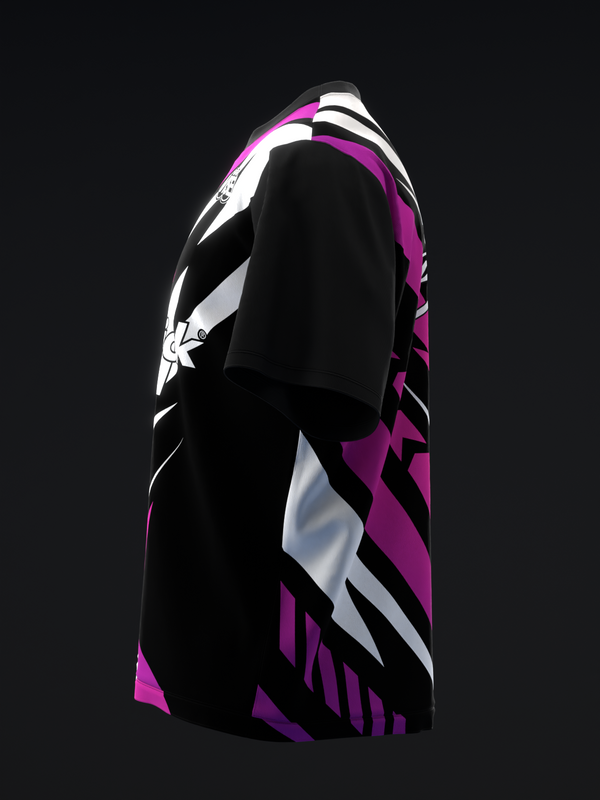 Black bowling jersey with purple and white geometric arrow design on side view