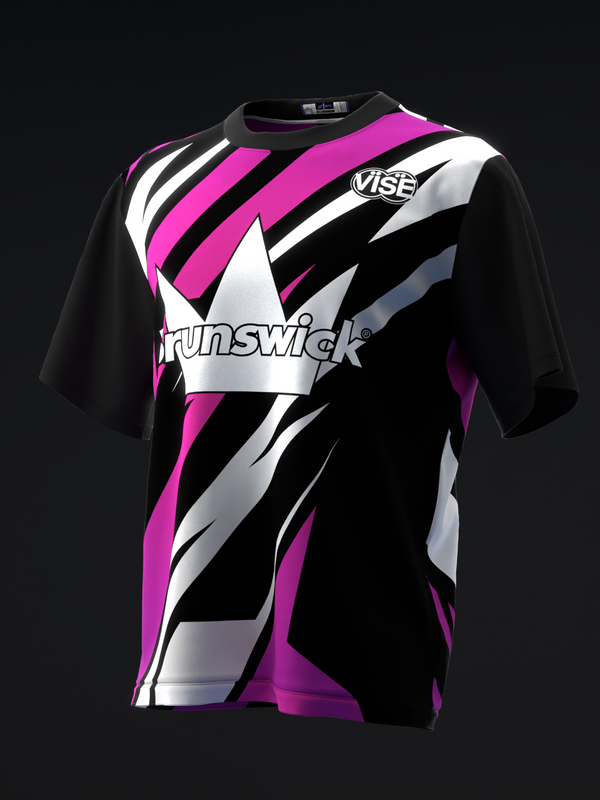 Black bowling jersey with pink, white, and gray geometric arrow design and Brunswick Vibe logo