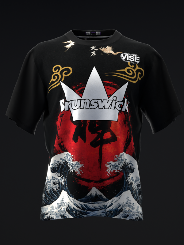 Black bowling jersey with white crown, red circular graphic, and wave design detail