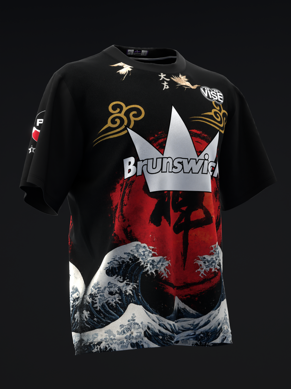 Black bowling jersey with Brunswick logo, red and white wave graphic design, front view