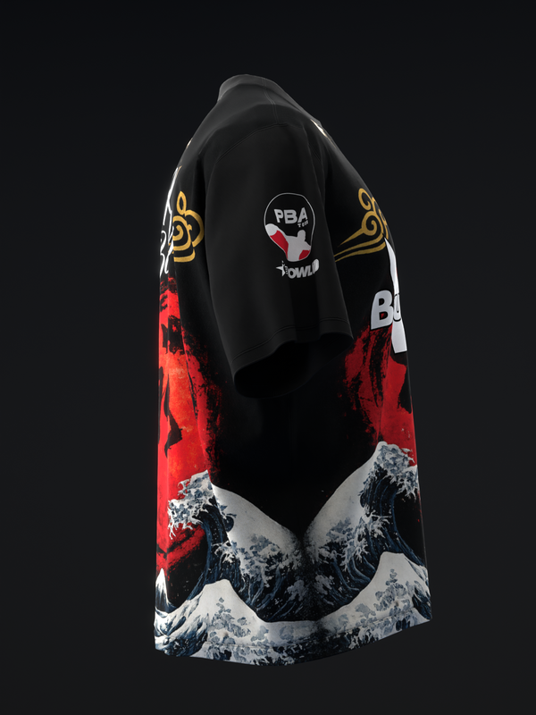 Black bowling jersey with red and white wave graphics and gold accents, front view