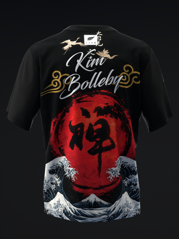 Black bowling jersey with red circle, Japanese characters, and wave graphic design, back view