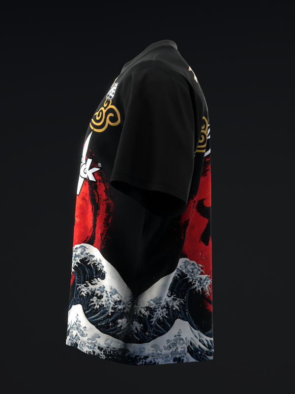 Black bowling jersey with red panel, gold curved design, and wave graphic on side view
