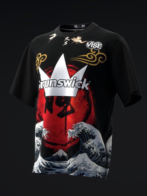 Black bowling jersey with white crown, red face graphic, and wave pattern design