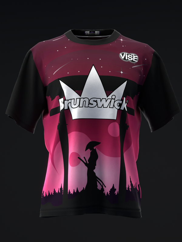 Black and burgundy bowling jersey with crown and samurai silhouette graphic, front view