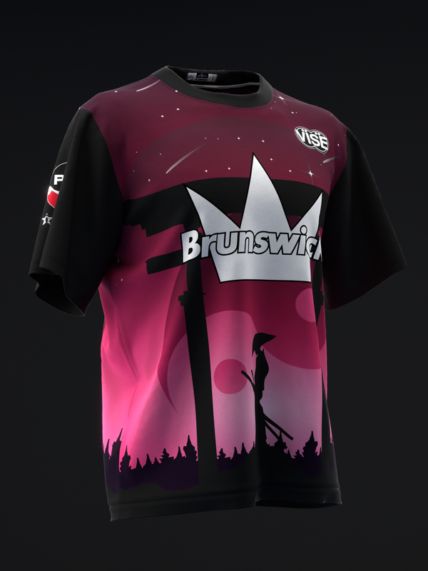 Black and burgundy bowling jersey with large Brunswick star logo and silhouette graphic