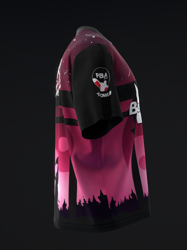Black and pink bowling jersey with PBA logo and mountain silhouette graphic, front view