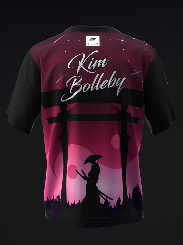 Bowling jersey back view with burgundy and black colorway featuring samurai silhouette graphic