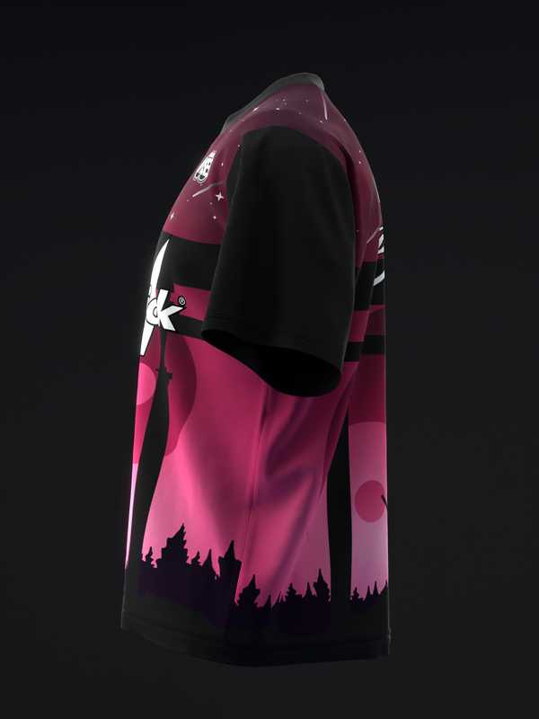 Pink and black bowling jersey with tree silhouette graphic, side view