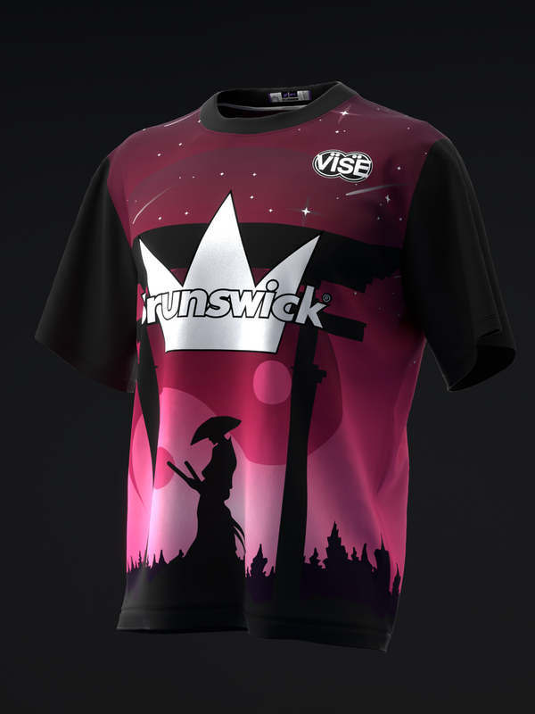 Black and burgundy bowling jersey with white crown and samurai silhouette graphic, front view