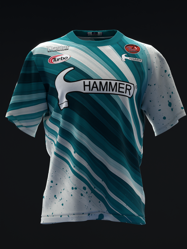 Teal and white bowling jersey with diagonal stripes and spatter pattern, front view