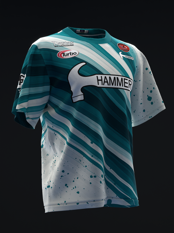 Teal and white bowling jersey with hammer graphic and sponsor logos