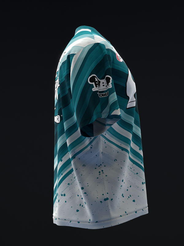 Teal and white bowling jersey with diagonal stripes and splatter pattern, front view
