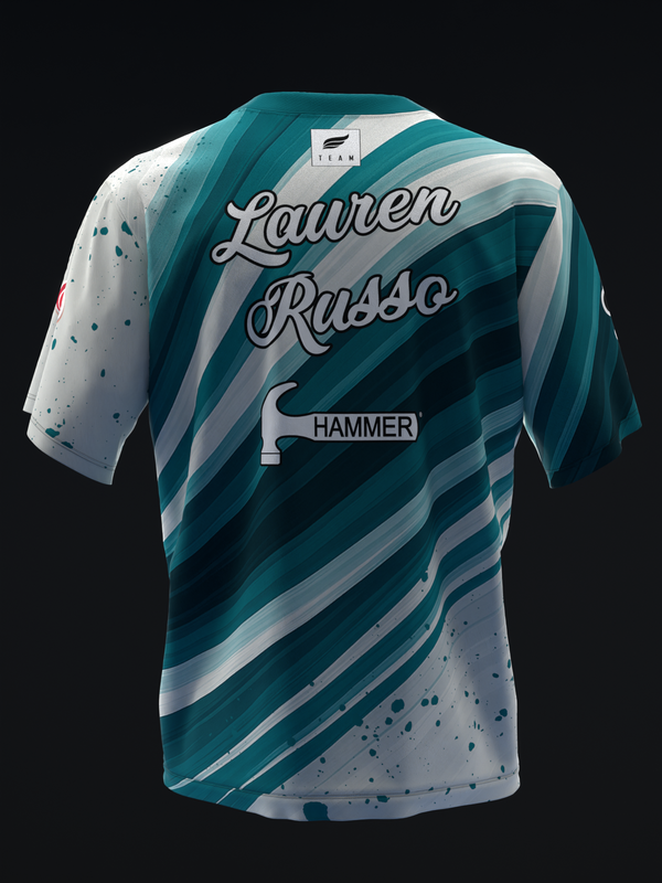 Bowling jersey back view with teal diagonal stripes, white accents, spattered design