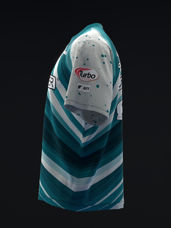 Teal and white striped bowling jersey with Turbo logo and splatter detail