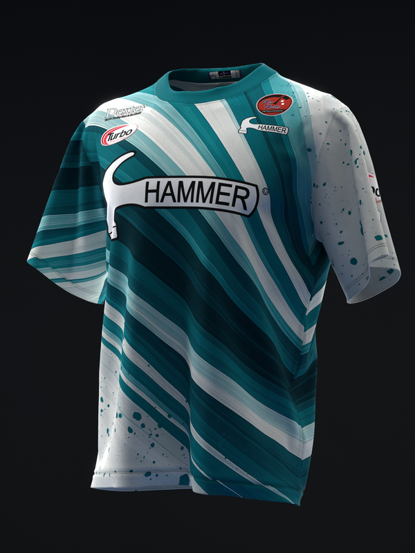 Teal and white striped bowling jersey with Hammer logo and splatter details