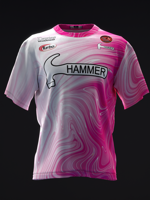 Front view of pink liquid marble bowling jersey with Hammer logo and sponsor text