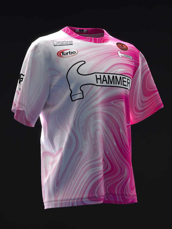 Pink and white liquid marble bowling jersey with Hammer logo on front