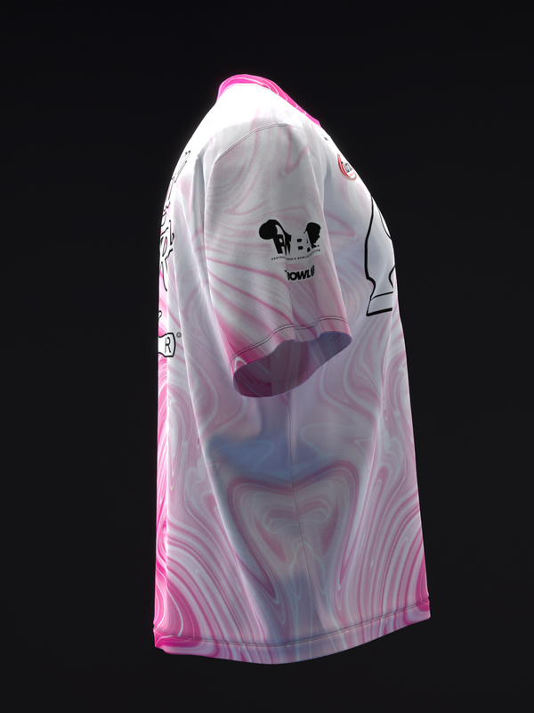 Pink and white liquid marble bowling jersey with black graphic design, side view